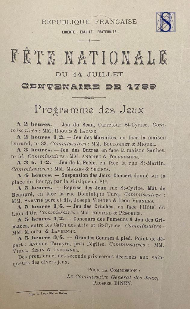 Programme de la journée du 14 juillet 1889 à Rodez